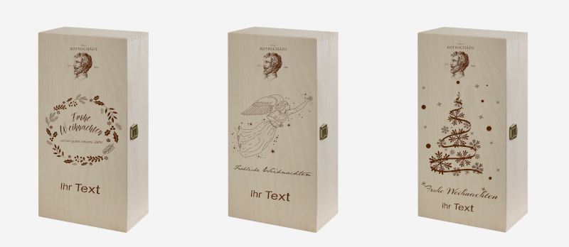 Edle Holzboxen mit schönem Weihnachtlichem Design zum Personalisieren für 2 Flaschen Wein.